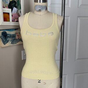 VINTAGE Y2K BEBE Yellow Ribbed knit Rhinestone LOGO Tank Top *X-SMALL* B204